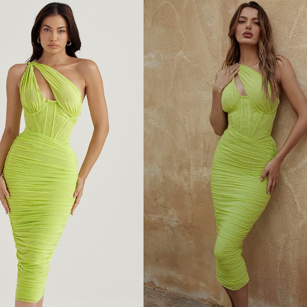 House of CB ‘Valentina’ Lime Asymmetric Cutout Midi Dress NWOT - Picture 3 of 11